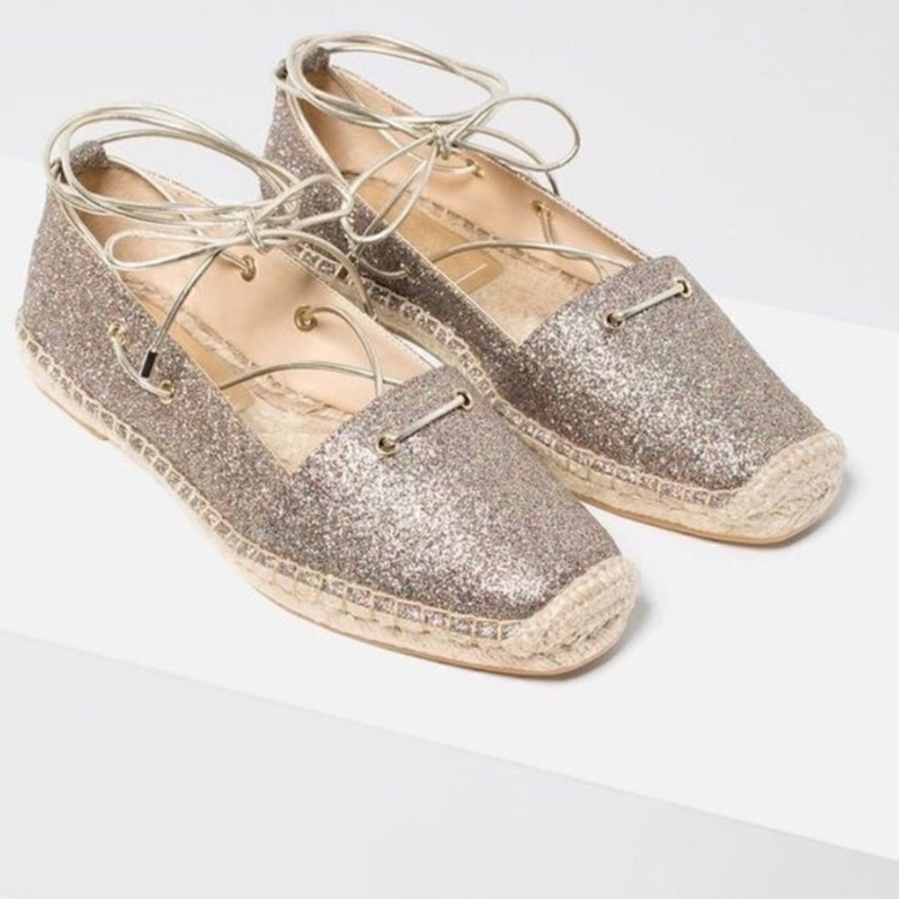 EUC Zara Glitter Tie Front Espadrilles Flats 9